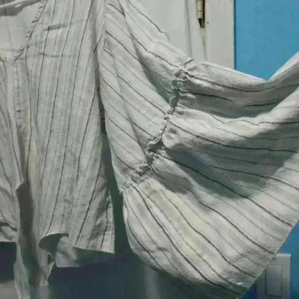 linen 100% neutral stripes, boxy huge trumpet sleeves front tie boho vintage - Picture 3 of 7
